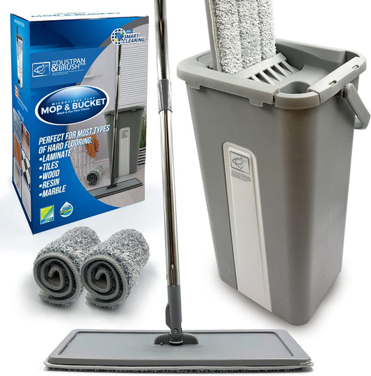 Flat Mop and Bucket Set, Compact Mop Bucket with Stainless Steel Long Handle, Squeegee Floor Mop Set with Wringing Bucket for Floor Cleaning, Send 2 Microfiber Mop Pads