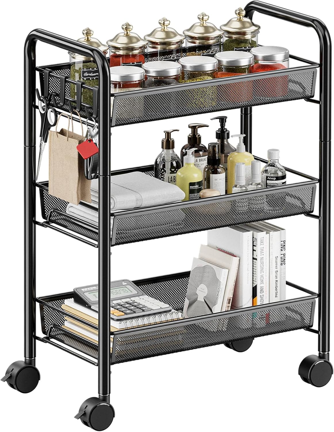 5 tier Tier Storage Trolley - Metal Kitchen Trolley on Wheels Rolling Art Trolley Utility Cart for Kitchen Laundry Bathroom Easy Assemble Black