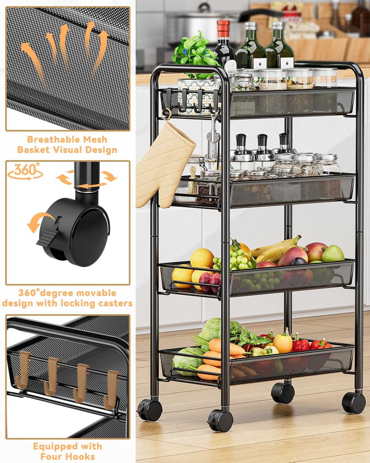 5 tier Tier Storage Trolley - Metal Kitchen Trolley on Wheels Rolling Art Trolley Utility Cart for Kitchen Laundry Bathroom Easy Assemble Black
