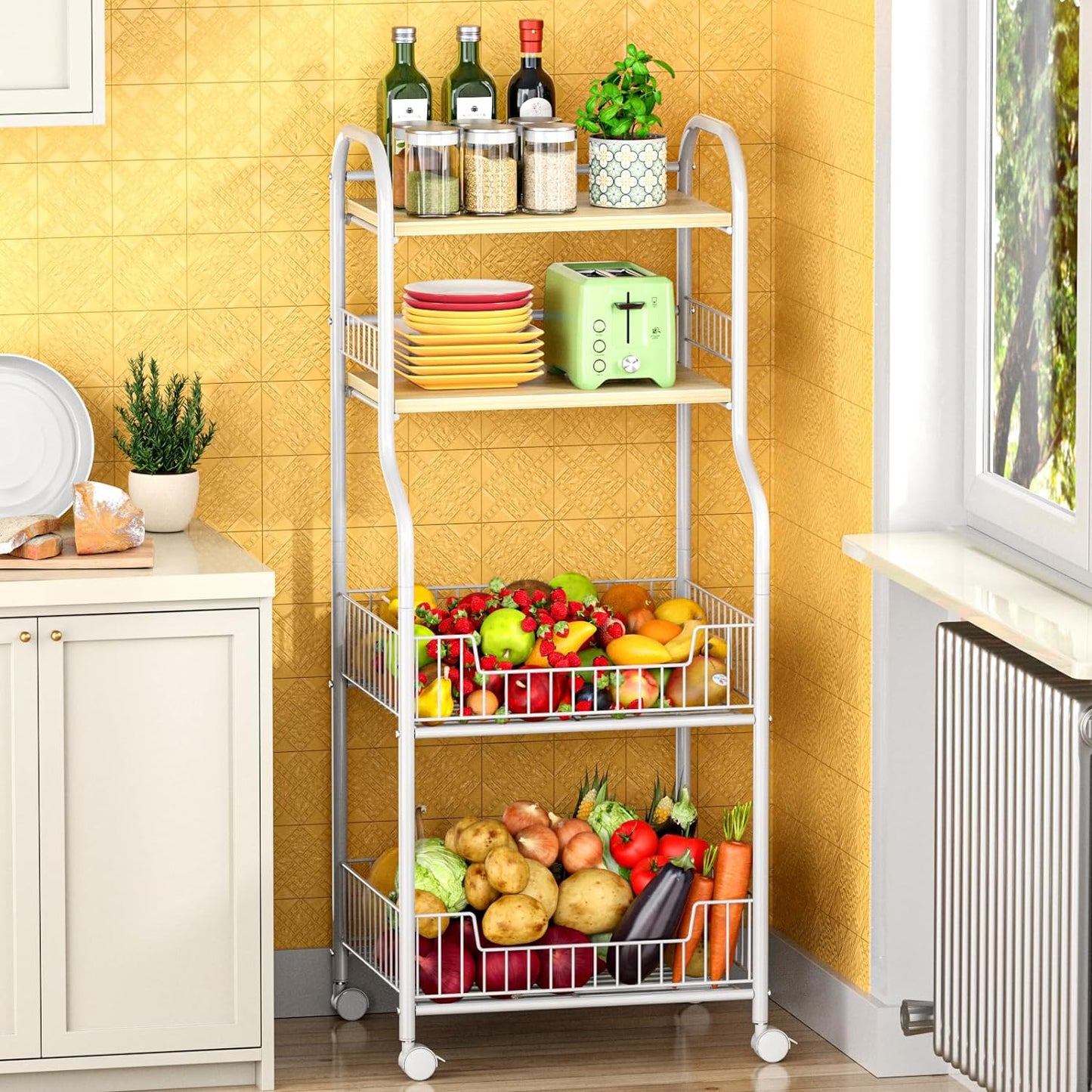 Vegetable Storage Rack,kitchen Trolley,Vegetable Trolley on Wheels,5-4 Tier Kitchen Vegetable Storage Trolley Black Metal
