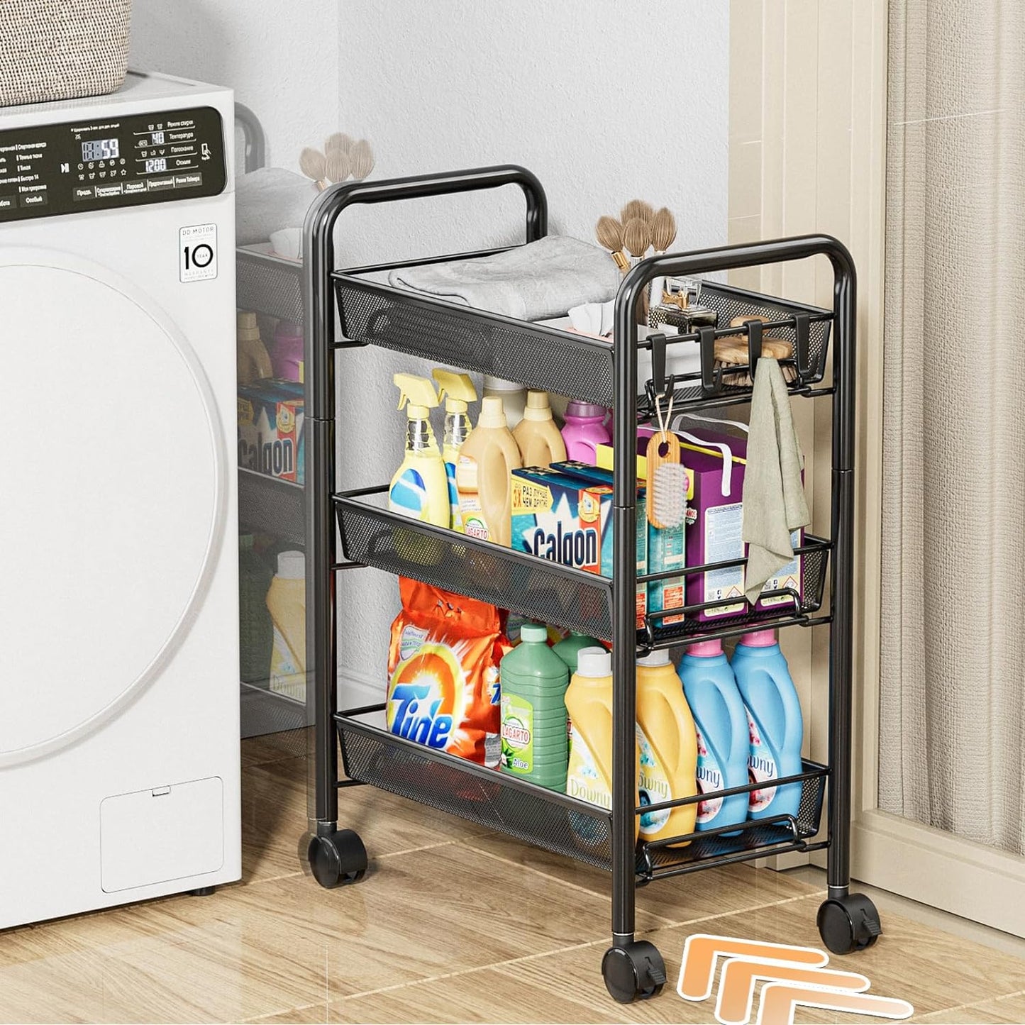 5 tier Tier Storage Trolley - Metal Kitchen Trolley on Wheels Rolling Art Trolley Utility Cart for Kitchen Laundry Bathroom Easy Assemble Black