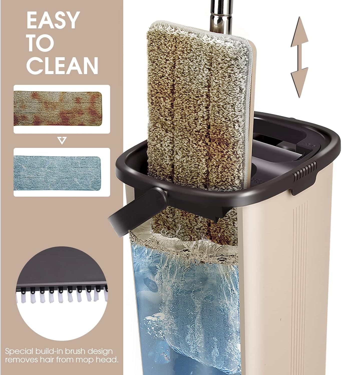 Flat Mop and Bucket Set, Compact Mop Bucket with Stainless Steel Long Handle, Squeegee Floor Mop Set with Wringing Bucket for Floor Cleaning, Send 2 Microfiber Mop Pads