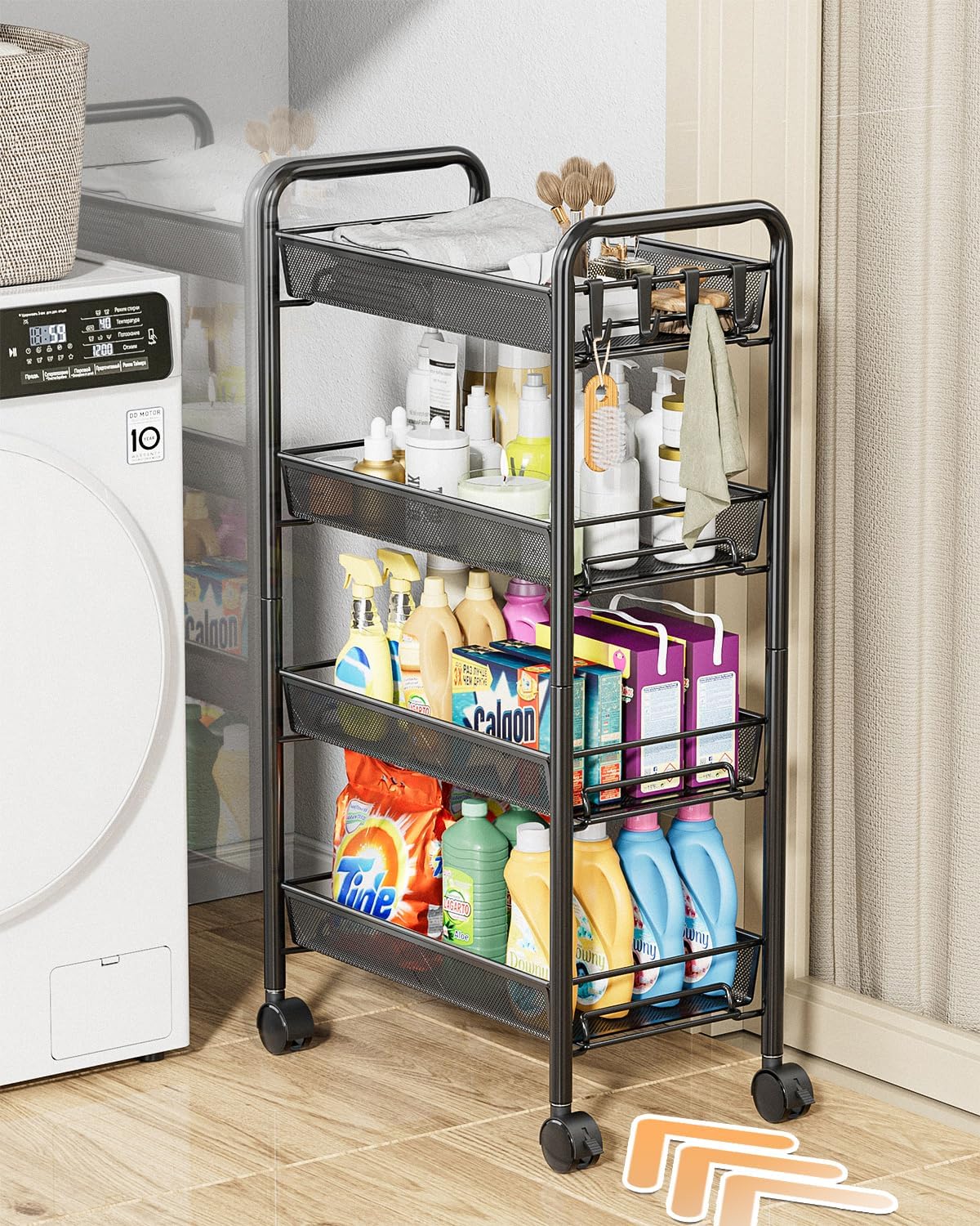 5 tier Tier Storage Trolley - Metal Kitchen Trolley on Wheels Rolling Art Trolley Utility Cart for Kitchen Laundry Bathroom Easy Assemble Black