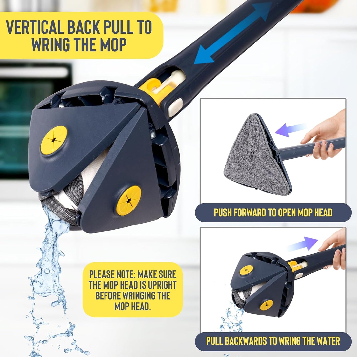 360° Rotating Triangular Cleaning Mop for Walls Triangle Mop with Extra Microfibre Absorbent Head Automatic Water Squeezing and Extendable Handle Wet Dry Floor Ceiling Window Cleaning