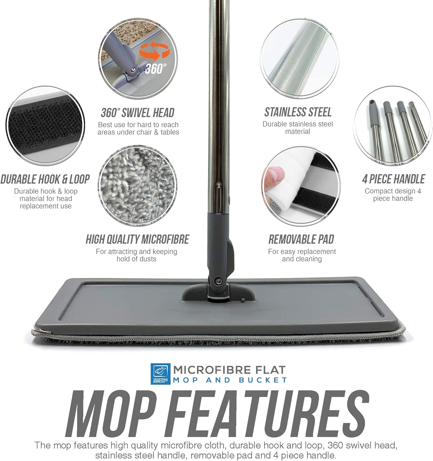 Flat Mop and Bucket Set, Compact Mop Bucket with Stainless Steel Long Handle, Squeegee Floor Mop Set with Wringing Bucket for Floor Cleaning, Send 2 Microfiber Mop Pads