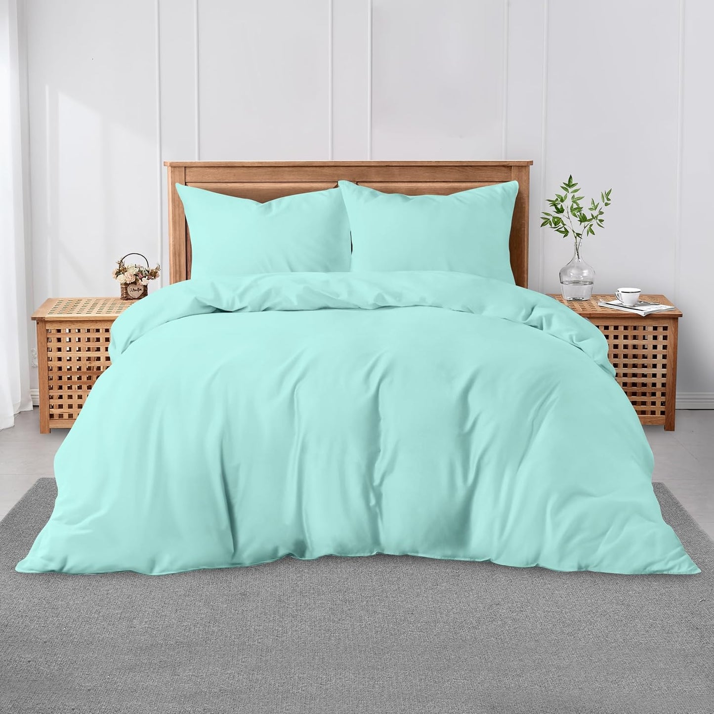 3 Pieces Plain Duvet Cover Set With Matching Pillow Cases, Soft & Breathable Quilt Cover, Polycotton Hotel Collection Solid Color Bedding, Aqua