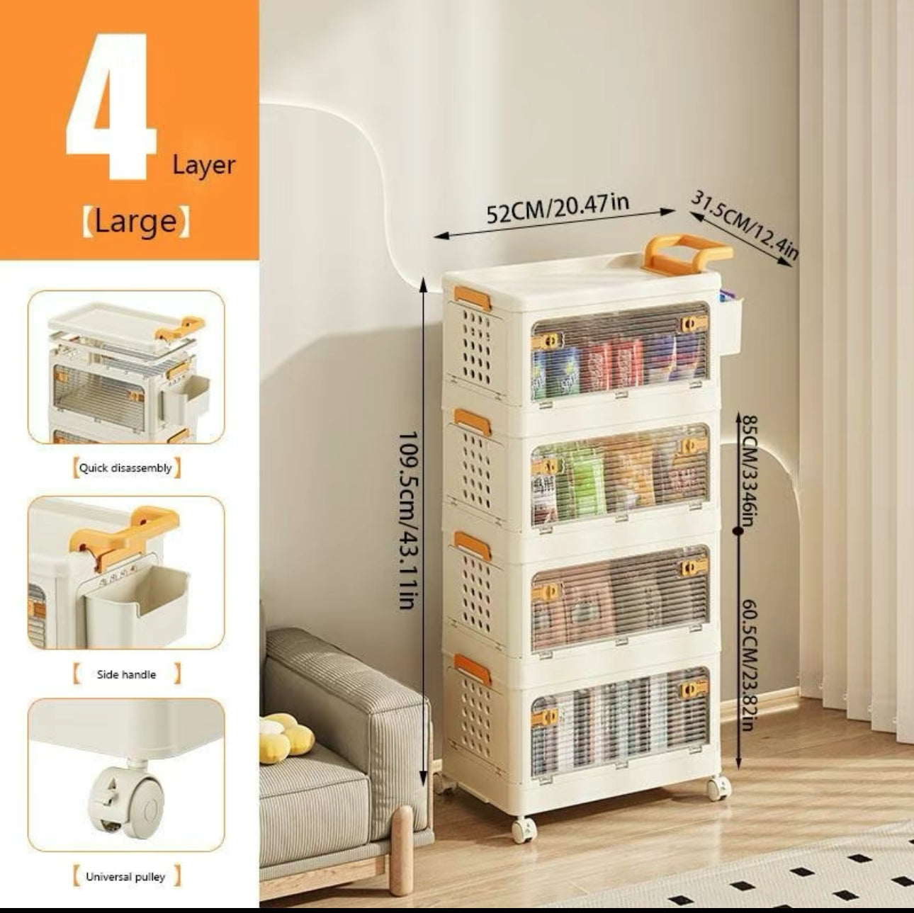 5-layer Large Plastic Foldable Storage Boxes with Lid, Clear Heavy Duty Storage Box on Wheels, Folding Storage Box, Storage Tower for Bedroom/Living Room/Hallway/Office