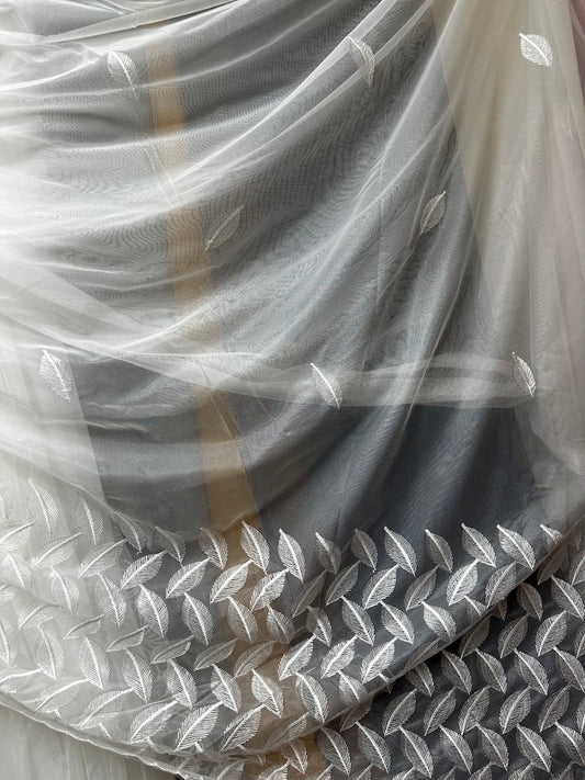 Leaf Design and Plain Voile Net Curtain - Sold By The Metre - (Drop: 118" (300cm)