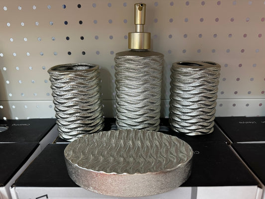4-Piece Silver cream Waves Effect Ceramic Bathroom Accessory, Includes Liquid Soap or Lotion Dispenser, Toothbrush Holder, Tumbler, Soap Dish