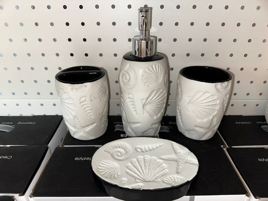 4-Piece White Black Aquarium  Effect Ceramic Bathroom Accessory, Includes Liquid Soap or Lotion Dispenser, Toothbrush Holder, Tumbler, Soap Dish