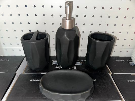 4-Piece Black Waves Effect Ceramic Bathroom Accessory, Includes Liquid Soap or Lotion Dispenser, Toothbrush Holder, Tumbler, Soap Dish