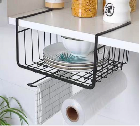 Metal Hanging Basket Under-Cabinet Wire Basket Small Item Organiser for Home Use Under Desk Shelf for Kitchen Pantry Bookshelf with Dual Mounted Hooks