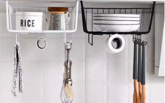 Metal Hanging Basket Under-Cabinet Wire Basket Small Item Organiser for Home Use Under Desk Shelf for Kitchen Pantry Bookshelf with Dual Mounted Hooks