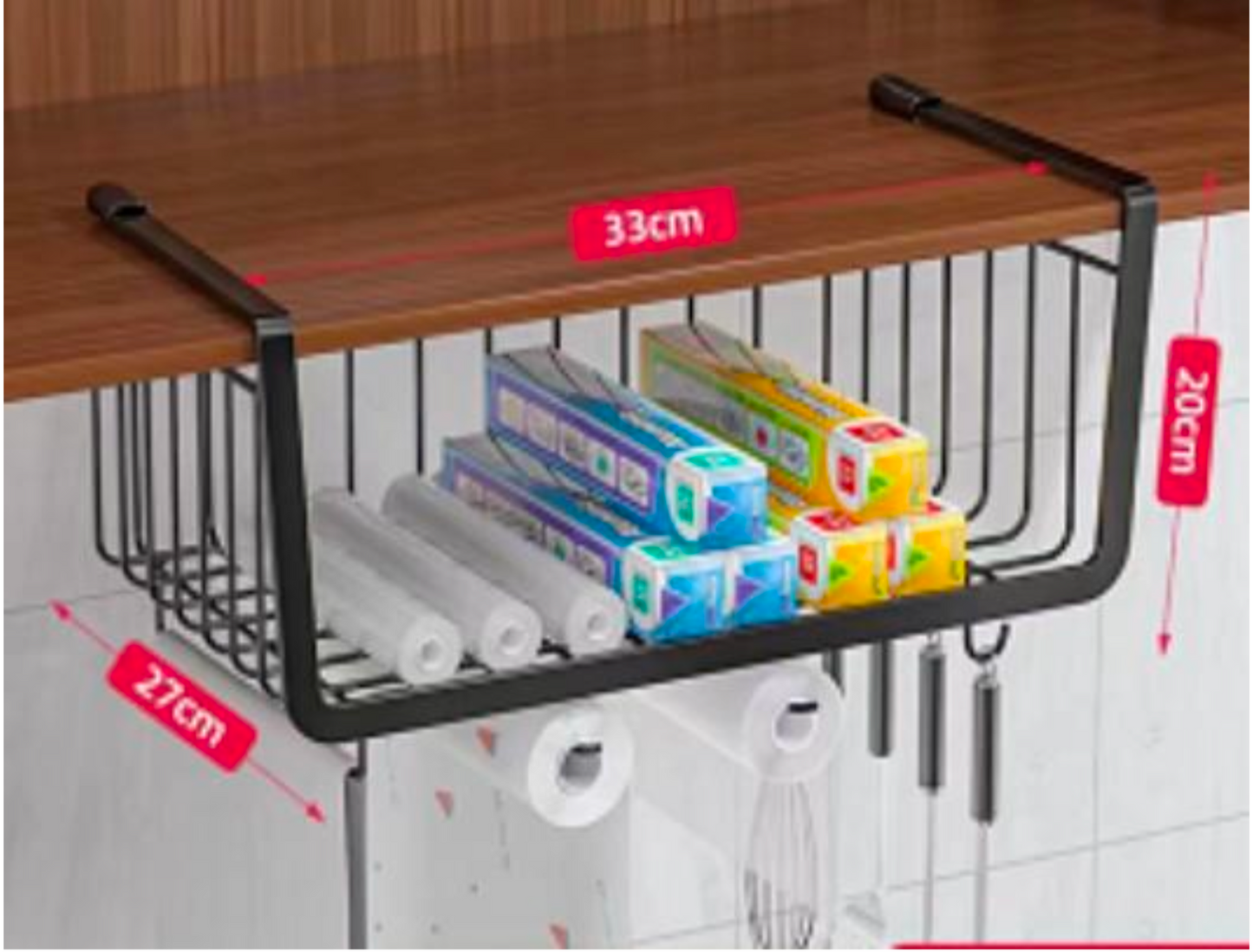 Extra-large Metal Hanging Basket Under-Cabinet Wire Basket Small Item Organiser for Home Use Under Desk Shelf for Kitchen Pantry Bookshelf with Dual Mounted Hooks