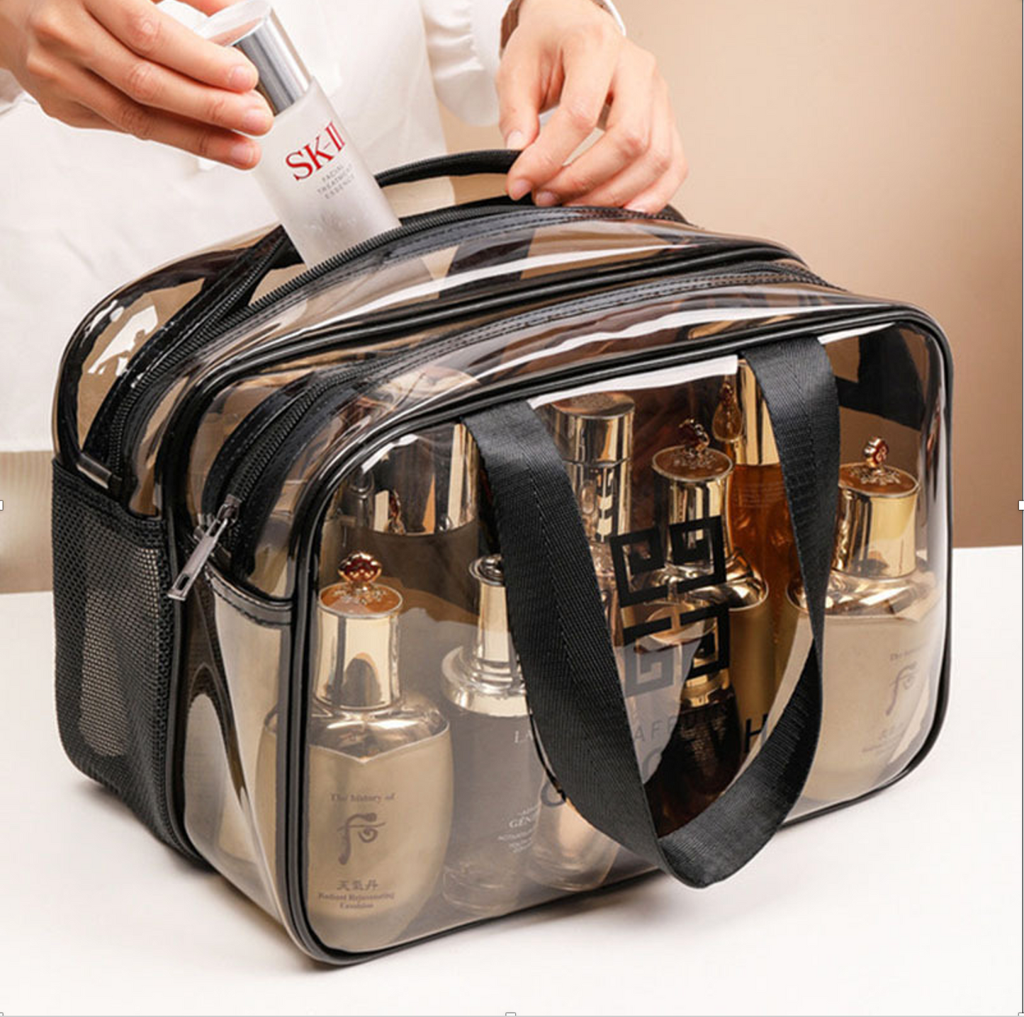Clear Makeup Bag, Waterproof Makeup Bag ,Large Waterproof Clear Travel Bag for Toiletries - Transparent Makeup Bag with Double Zipper Design - TSA Compliant Carry-On for Men and Women - Stylish Black Trim