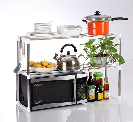 2 Tier Microwave Oven Rack Kitchen Counter top Storage Organizer Stand with 2 Height Adjustable Shelves and 6 Hooks