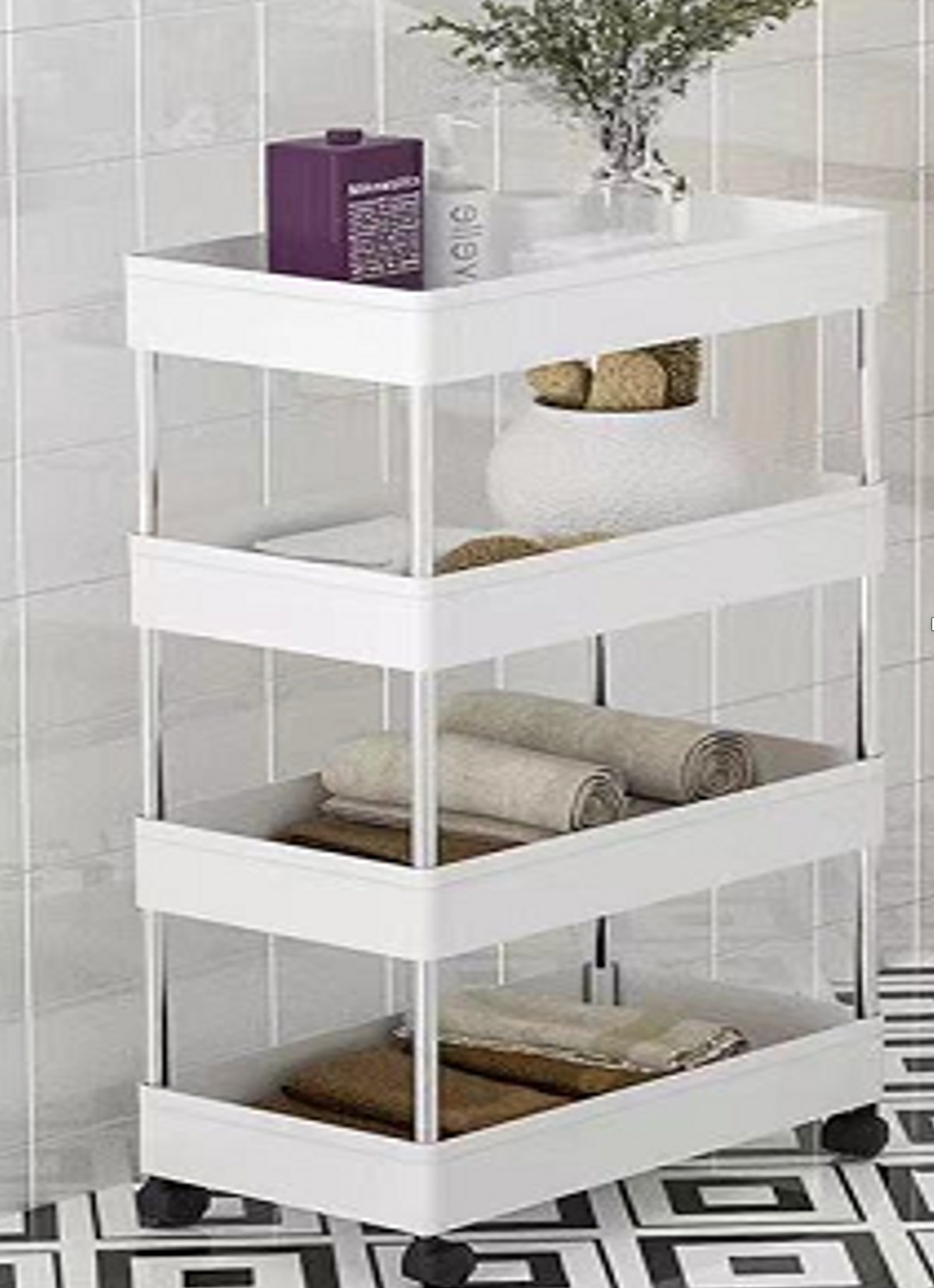 Bath Rack ,Kitchen Trolley on Wheels 4-Tier, Narrow Utility Kitchen Cart Vegetable Rack Bathroom Trolley, Space-Saving Storage Trolley on Wheels for Office, Kitchen, Bathroom, 40 x 22 x 86 cm, White