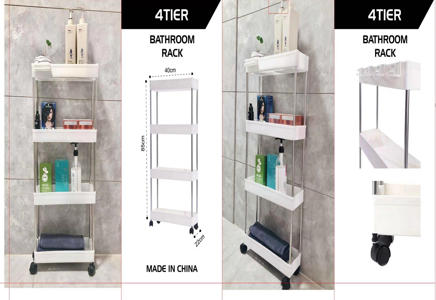 Bath Rack ,Kitchen Trolley on Wheels 4-Tier, Narrow Utility Kitchen Cart Vegetable Rack Bathroom Trolley, Space-Saving Storage Trolley on Wheels for Office, Kitchen, Bathroom, 40 x 22 x 86 cm, White