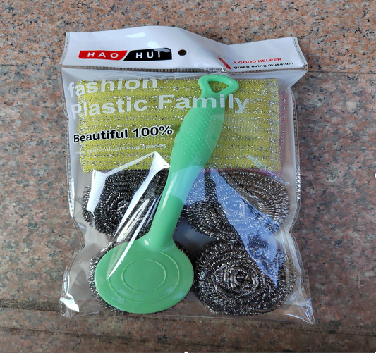 3pcs Stainless Steel Scourer with 2 pcs srub sponges 1pcs Pan Scrubber With Plastic Long Handle