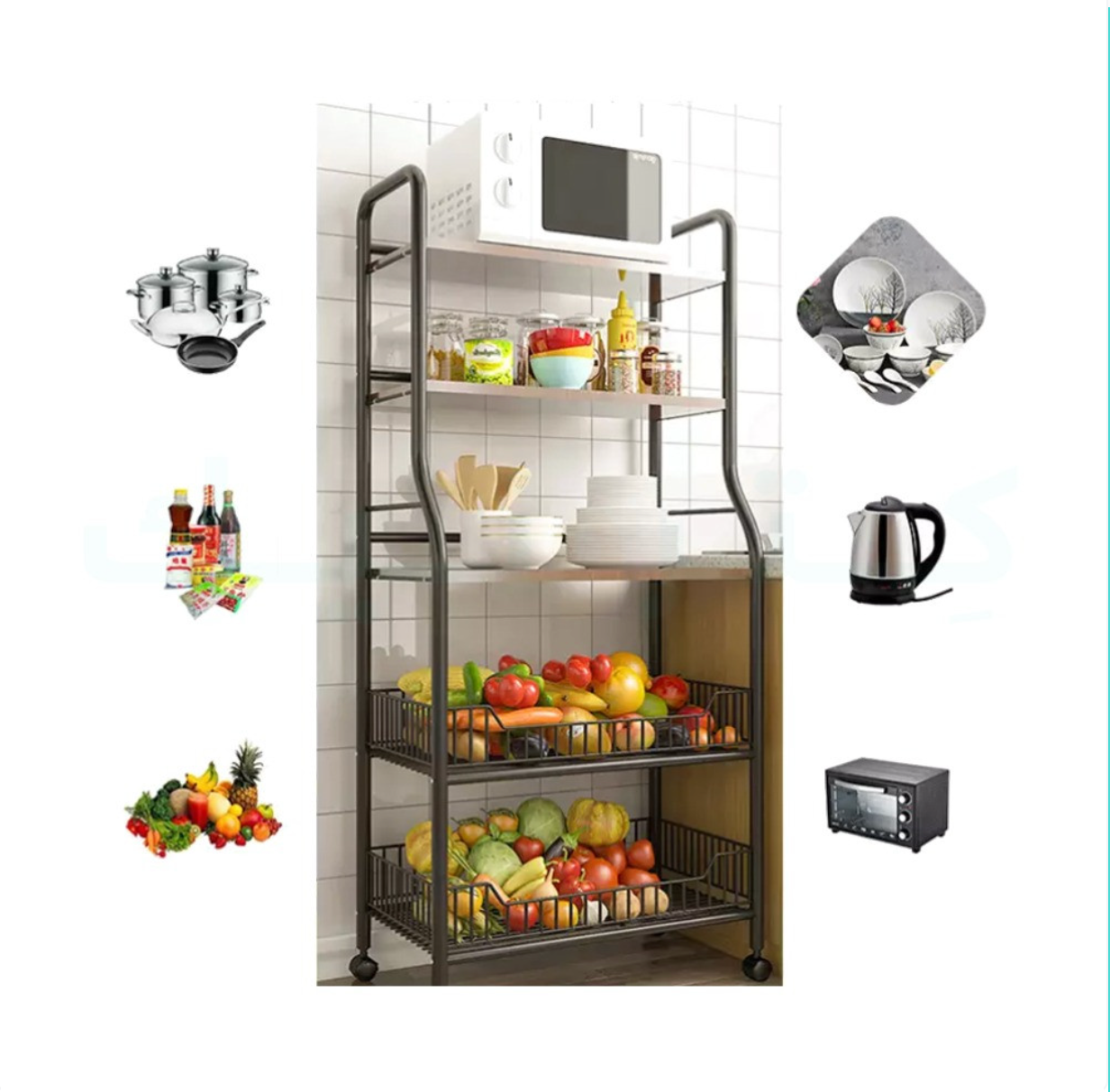 Vegetable Storage Rack,kitchen Trolley,Vegetable Trolley on Wheels,5-4 Tier Kitchen Vegetable Storage Trolley Black Metal