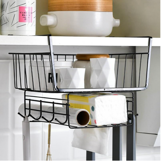 Hanging Shelf Storage Kitchen Basket ,Organizer Basket,Under Cabinet Slide-in Wire Rack With 8-Hooks For Towels,Knives,Key,Cups,Tissue for Laundry,Room