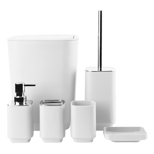 6 Pieces Bathroom Accessories- Bathroom Bin And Toilet Brush Set- Durable Toothbrush Holder Cup- Soap Dispenser With Pump- Soap Dish Holder- Modern Trash Can