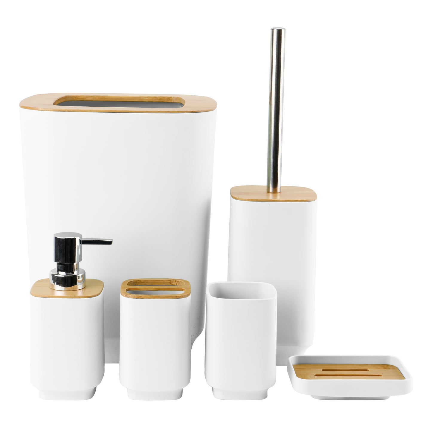 6 Pieces Bathroom Accessories- Bathroom Bin And Toilet Brush Set- Durable Toothbrush Holder Cup- Soap Dispenser With Pump- Soap Dish Holder- Modern Trash Can