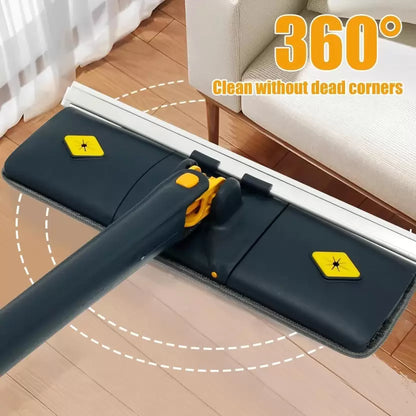 Hands Free Microfiber Flat Mop with Self Wringing, 360 Hands-Free Mop Set ,Flat Mop, Bathroom Kitchen Mop with Reusable Washable Cleaning Pads, 360 Rotating
