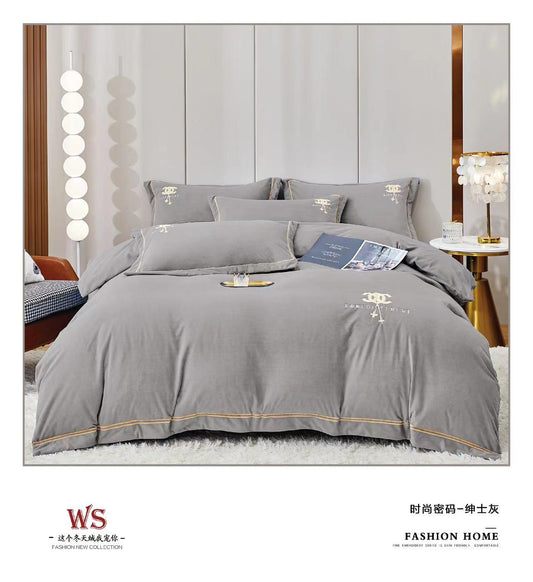 4 Pieces Super King Size Velvet Complete Bedding Set Duvet Cover Fitted Sheet & Pillow Cases