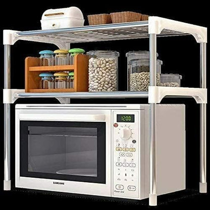 2 Tier Microwave Oven Rack Kitchen Counter top Storage Organizer Stand with 2 Height Adjustable Shelves and 6 Hooks