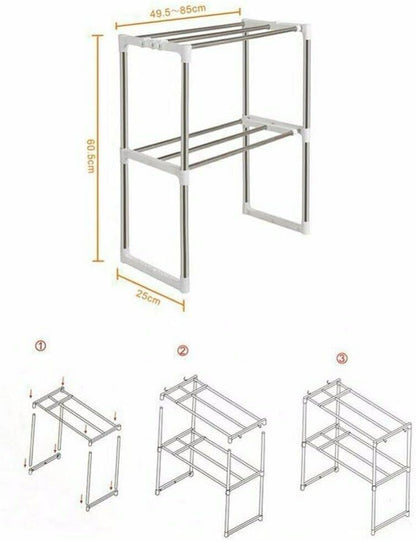 2 Tier Microwave Oven Rack Kitchen Counter top Storage Organizer Stand with 2 Height Adjustable Shelves and 6 Hooks