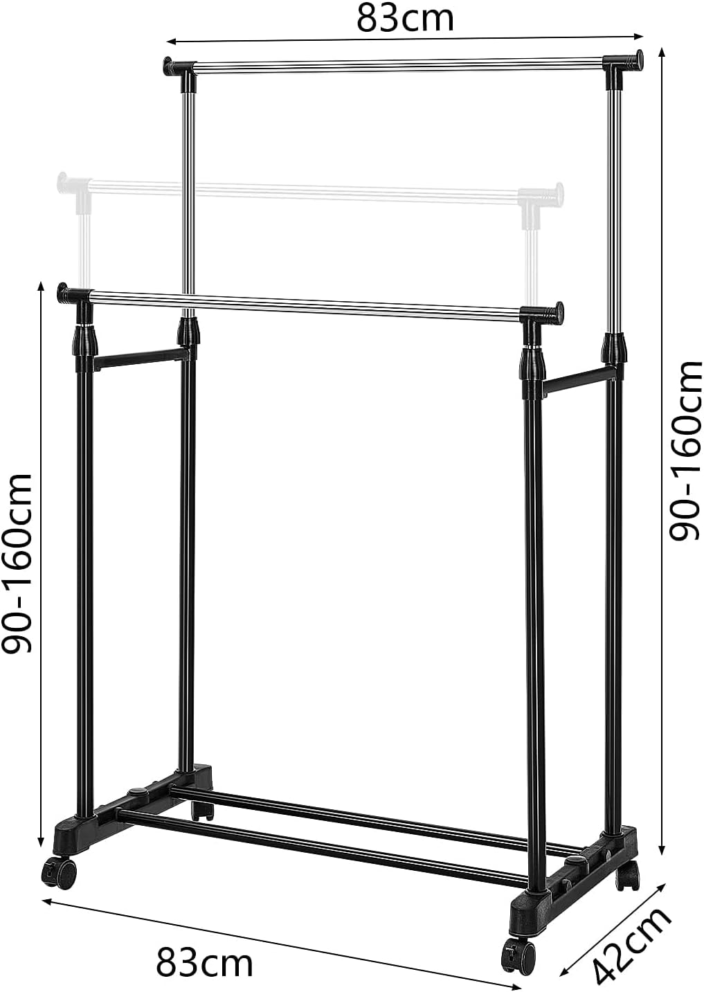 Double Rail Clothes Rail, Portable Clothes Rack on Wheels