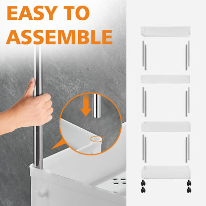 Bath Rack ,Kitchen Trolley on Wheels 4-Tier, Narrow Utility Kitchen Cart Vegetable Rack Bathroom Trolley, Space-Saving Storage Trolley on Wheels for Office, Kitchen, Bathroom, 40 x 22 x 86 cm, White