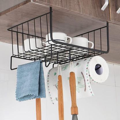 Extra-large Metal Hanging Basket Under-Cabinet Wire Basket Small Item Organiser for Home Use Under Desk Shelf for Kitchen Pantry Bookshelf with Dual Mounted Hooks