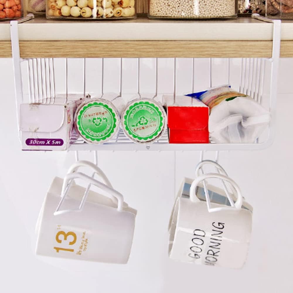 Metal Hanging Basket Under-Cabinet Wire Basket Small Item Organiser for Home Use Under Desk Shelf for Kitchen Pantry Bookshelf with Dual Mounted Hooks