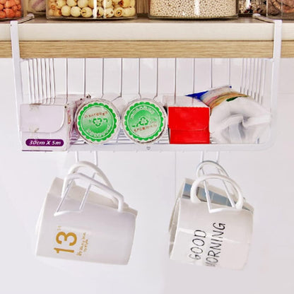 Metal Hanging Basket Under-Cabinet Wire Basket Small Item Organiser for Home Use Under Desk Shelf for Kitchen Pantry Bookshelf with Dual Mounted Hooks