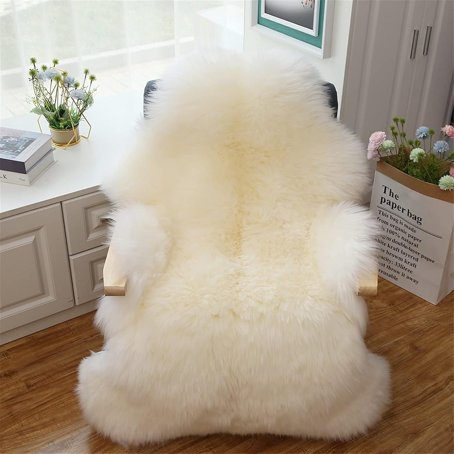 Real Genuine Sheepskin Rug Natural Sheepskin Throw Real Full Sheepskin Rugs Fluffy Fur Rug Authentic Sheepskin Seat Covers For Chairs Sheepskin Seat Pads Cushion White (70X100cm)(Double: 210x80cm)