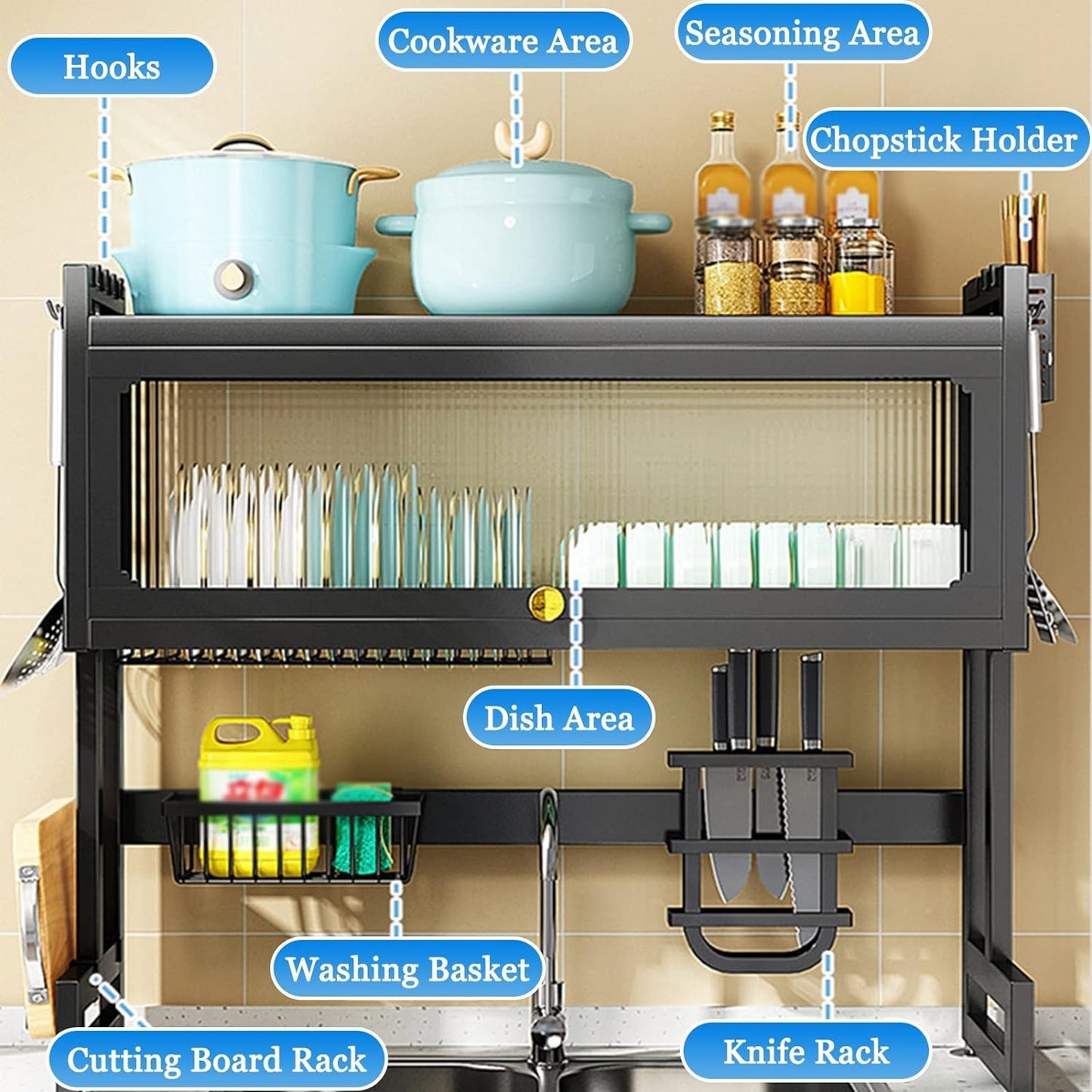 Over Sink Dish Drying Rack, Kitchen Organization And Storage Shelf Large Capacity For Drying Bowls Plates Cups (Color : Black,