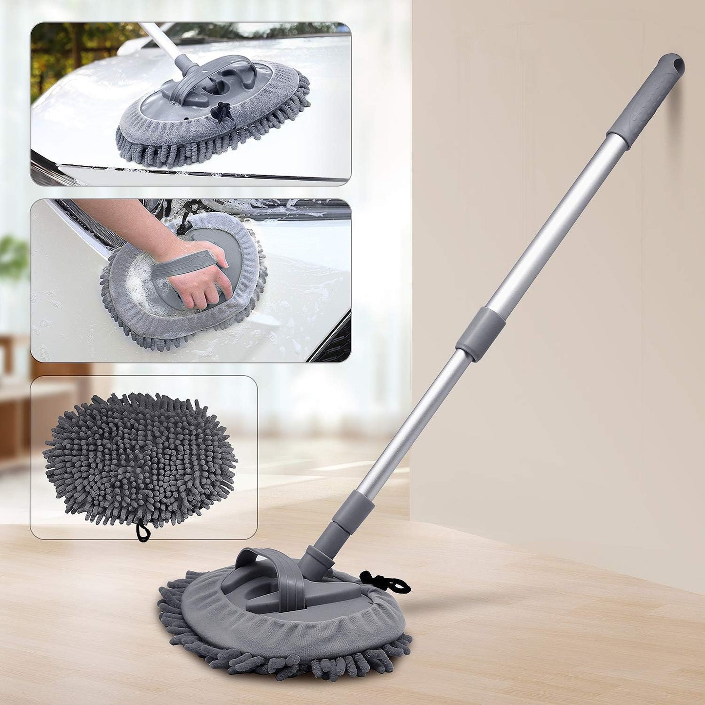 Microfibre Car Dust Mop with Extendable Use Lint-Free Scratch-Free Cleaning Brush Cleaning Tool Grey