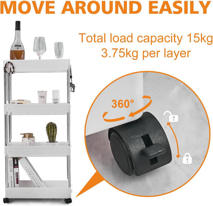 Bath Rack ,Kitchen Trolley on Wheels 4-Tier, Narrow Utility Kitchen Cart Vegetable Rack Bathroom Trolley, Space-Saving Storage Trolley on Wheels for Office, Kitchen, Bathroom, 40 x 22 x 86 cm, White
