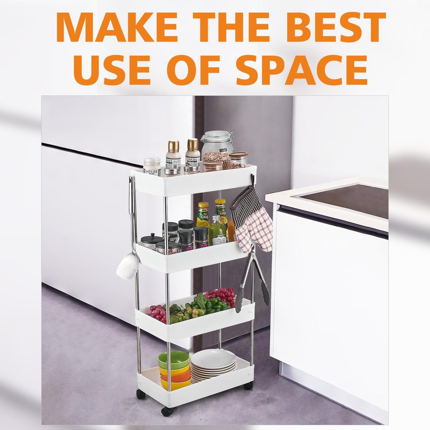 Bath Rack ,Kitchen Trolley on Wheels 4-Tier, Narrow Utility Kitchen Cart Vegetable Rack Bathroom Trolley, Space-Saving Storage Trolley on Wheels for Office, Kitchen, Bathroom, 40 x 22 x 86 cm, White