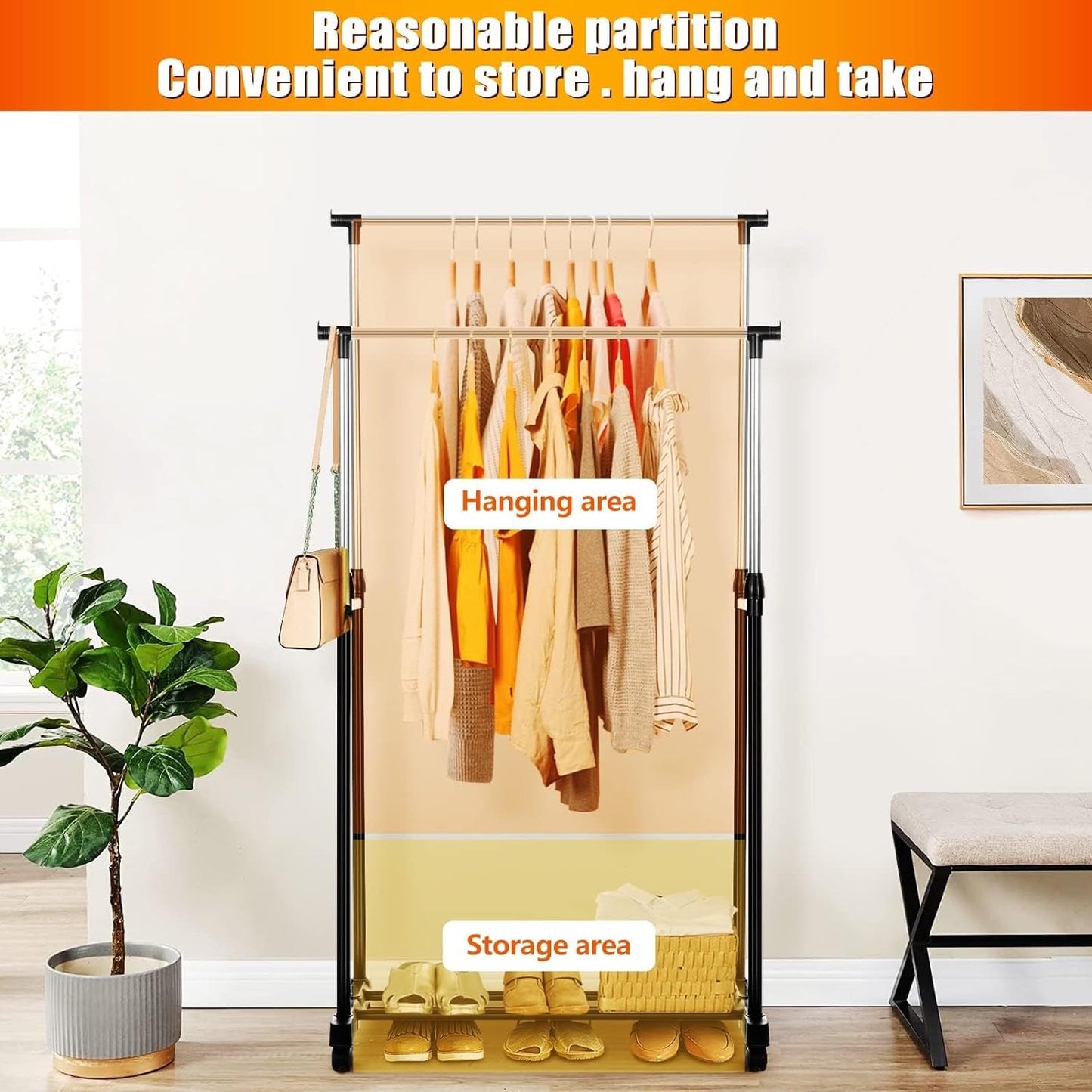 Double Rail Clothes Rail, Portable Clothes Rack on Wheels