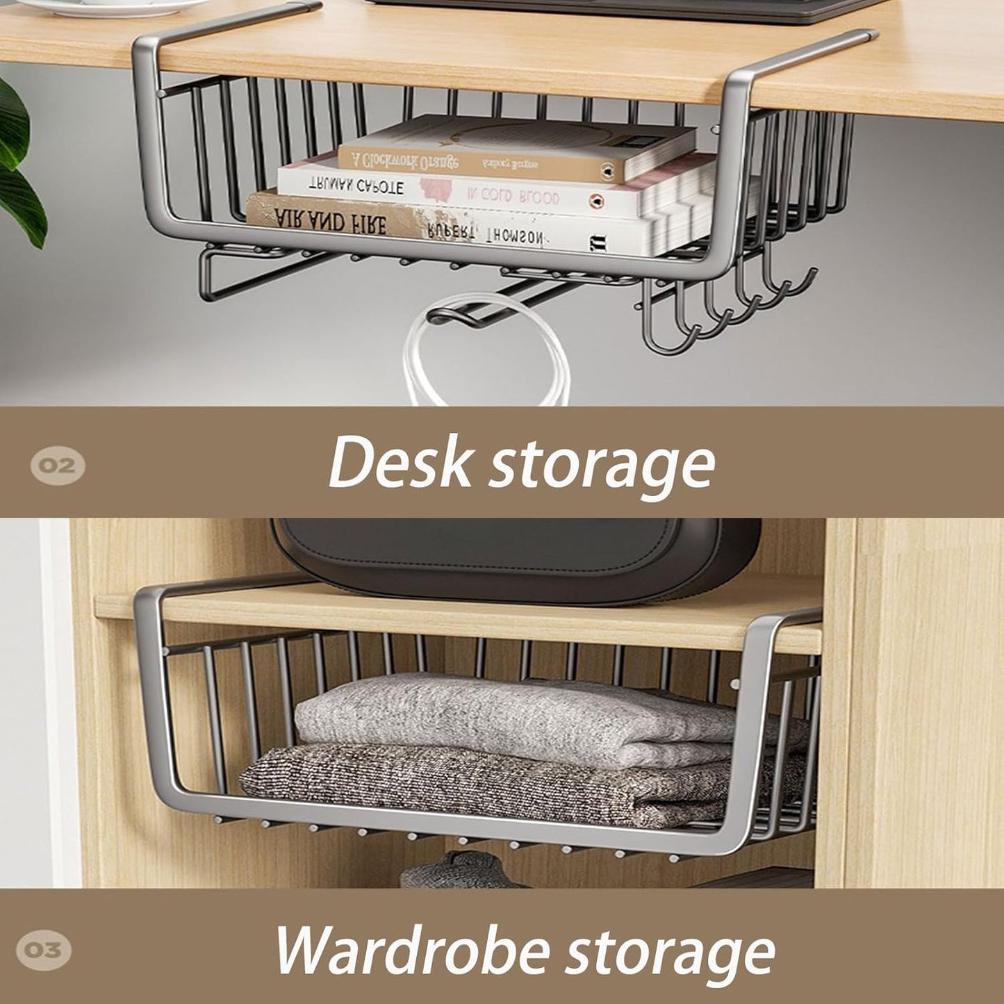 Hanging Shelf Storage Kitchen Basket ,Organizer Basket,Under Cabinet Slide-in Wire Rack With 8-Hooks For Towels,Knives,Key,Cups,Tissue for Laundry,Room