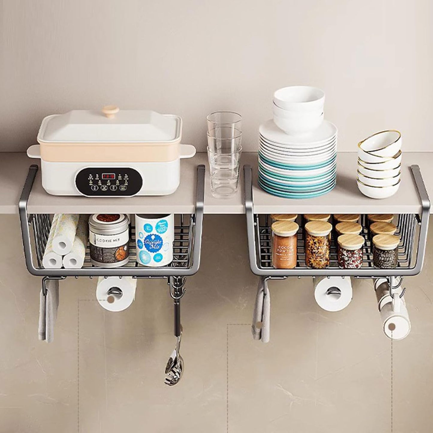 Hanging Shelf Storage Kitchen Basket ,Organizer Basket,Under Cabinet Slide-in Wire Rack With 8-Hooks For Towels,Knives,Key,Cups,Tissue for Laundry,Room
