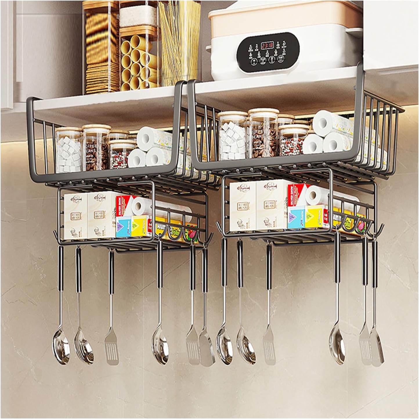 Hanging Shelf Storage Kitchen Basket ,Organizer Basket,Under Cabinet Slide-in Wire Rack With 8-Hooks For Towels,Knives,Key,Cups,Tissue for Laundry,Room