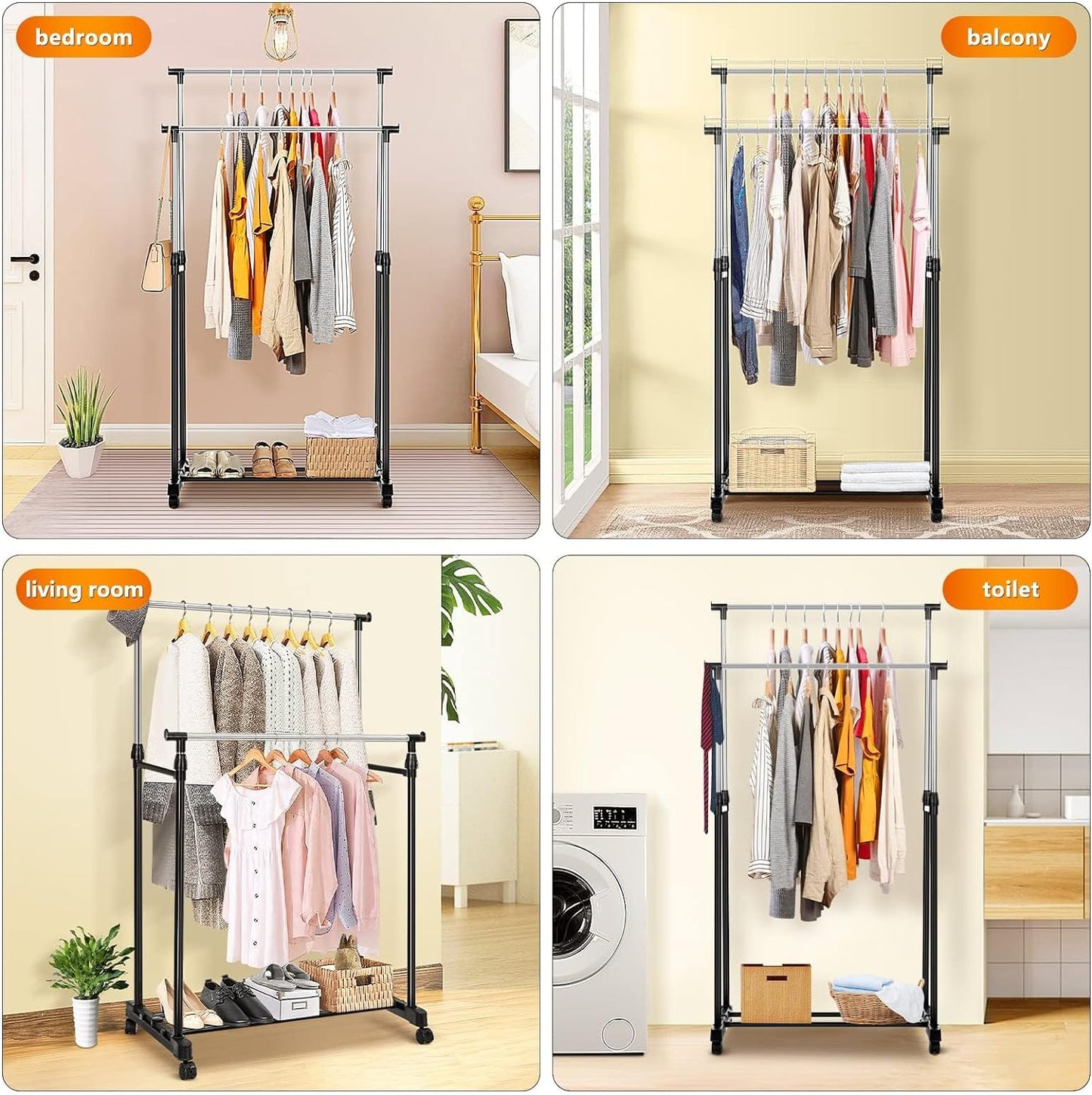 Double Rail Clothes Rail, Portable Clothes Rack on Wheels