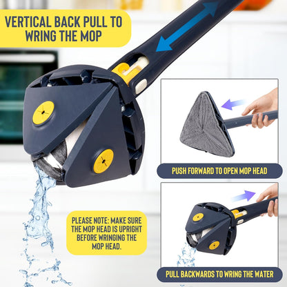 360° Rotating Triangular Cleaning Mop for Walls Triangle Mop with Extra Microfibre Absorbent Head Automatic Water Squeezing and Extendable Handle Wet Dry Floor Ceiling Window Cleaning