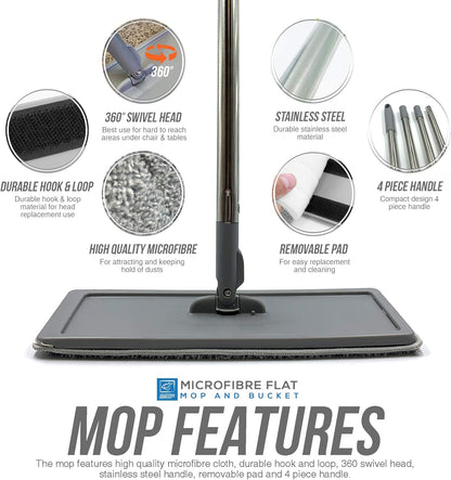 Flat Mop and Bucket Set, Compact Mop Bucket with Stainless Steel Long Handle, Squeegee Floor Mop Set with Wringing Bucket for Floor Cleaning, Send 2 Microfiber Mop Pads