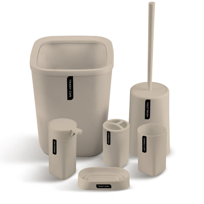 6 Pieces Bathroom Accessories- Bathroom Bin And Toilet Brush Set- Durable Toothbrush Holder Cup- Soap Dispenser With Pump- Soap Dish Holder- Modern Trash Can