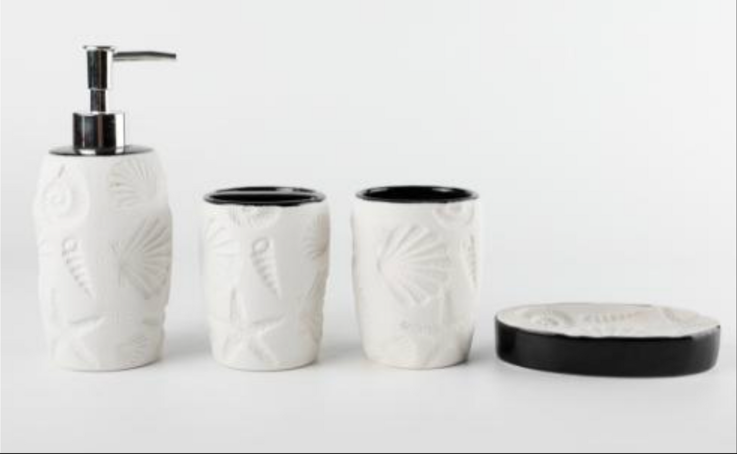 4-Piece White Black Aquarium  Effect Ceramic Bathroom Accessory, Includes Liquid Soap or Lotion Dispenser, Toothbrush Holder, Tumbler, Soap Dish